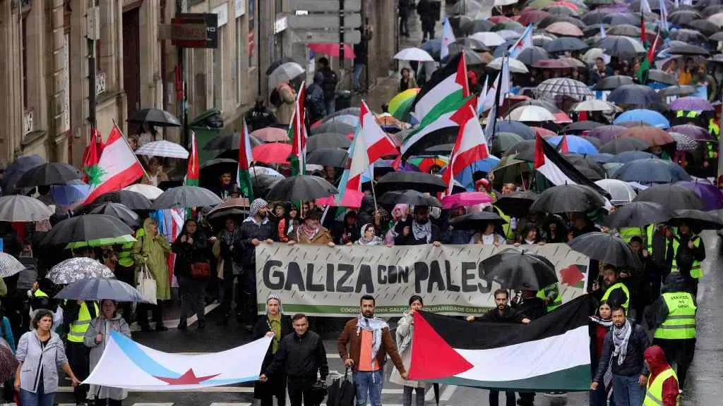 Manifestaci&oacute;n en apoio ao pobo palestino, este domingo en Compostela. (Foto: Arxina)