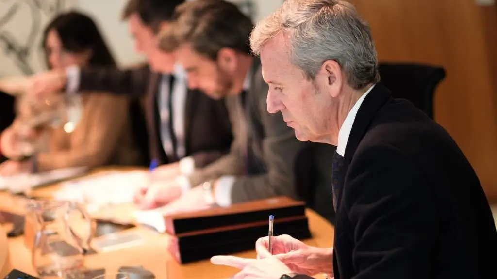 O presidente da Xunta da Galiza, Alfonso Rueda, esta segunda feira durante o Consello en Compostela.