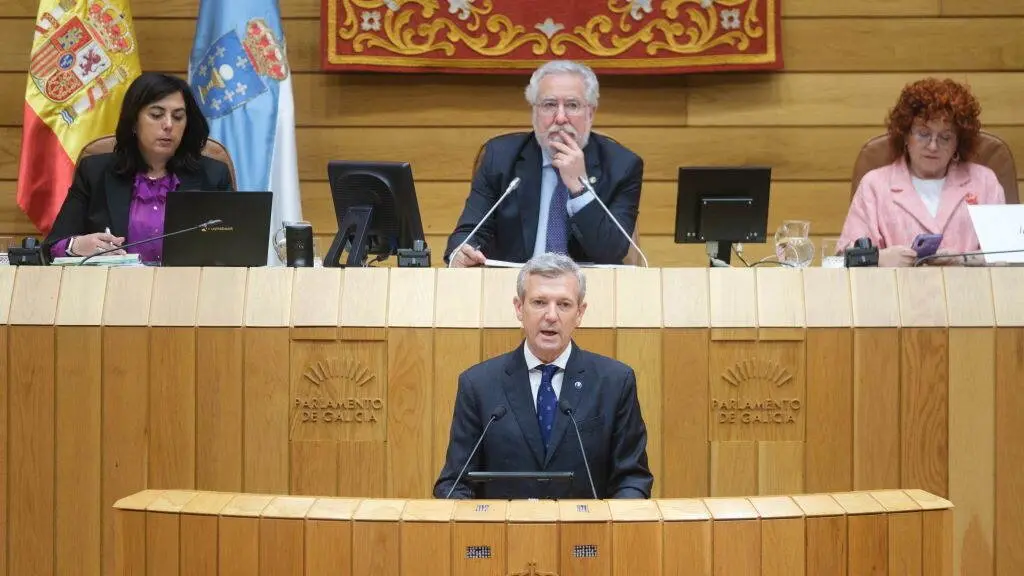 O presidente da Xunta da Galiza, Alfonso Rueda interv&eacute;n durante o Debate do estado da Naci&oacute;n este 23 de abril. (Foto: Arxina)