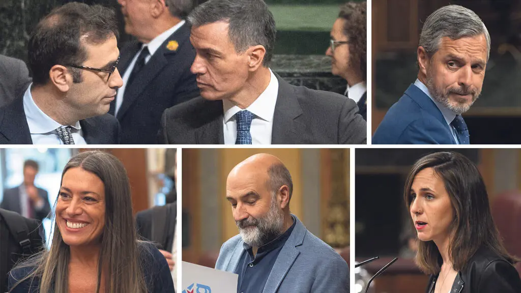O ministro Carlos Cuerpo, o presidente do Goberno espa&ntilde;ol Pedro S&aacute;nchez, Juan Bravo (PP), Miriam Nogueras (Junts), N&eacute;stor Rego (BNG) e Ione Belarra (Podemos). (Fotos: Alejandro Mart&iacute;nez V&eacute;lez / Fernando S&aacute;nchez / Europa Press)