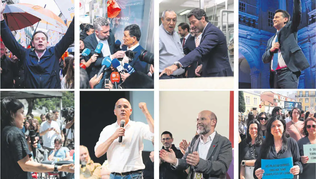 De esquerda a dereita e de arriba a abaixo: Lu&iacute;s Montenegro (PSD), Pedro Nuno Santos (PS), Andr&eacute; Ventura (Chega), Rui Rocha (IL), Mariana Mort&aacute;gua (BE), Paulo Raimundo (CDU), Rui Tavares (Livre) e In&ecirc;s de Sousa (PAN). (Fotos: N&oacute;s Diario)
