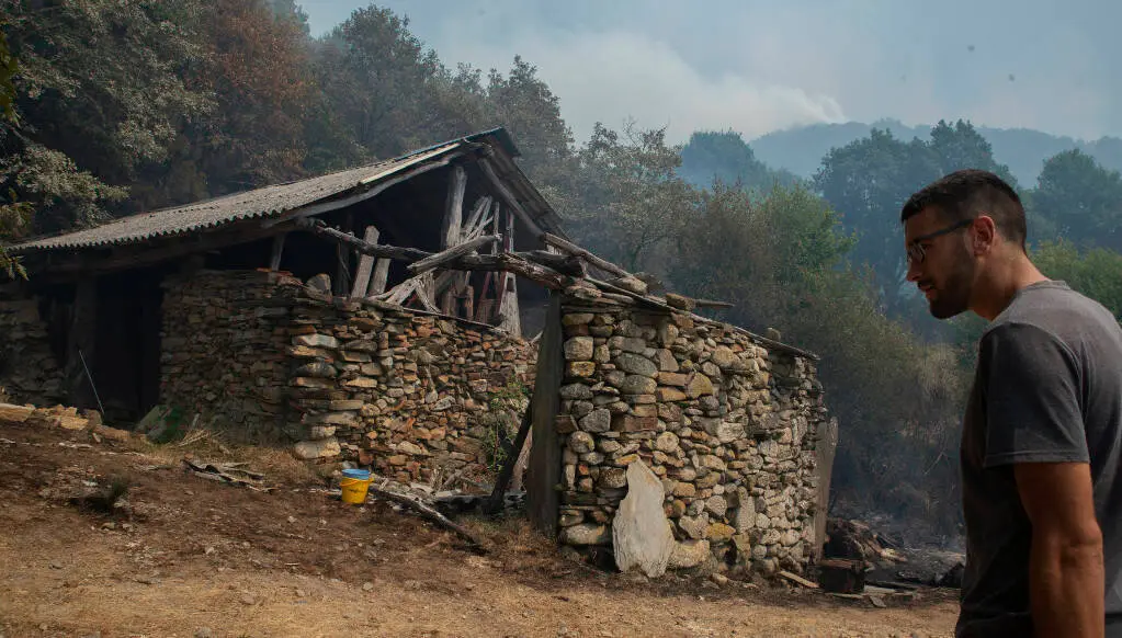 Jos&eacute; Rivas V&aacute;zquez, ganadero propietario de algo m&aacute;s de cien vacas en Teixeira, intenta sofocar el fuego en uno de los refugios de los animales, mientras un equipo de bomberos espera la llegada de agua a pocos metros para estas labores de extinci&oacute;n.. foto Rosa Veiga. Ourense 10/08/25