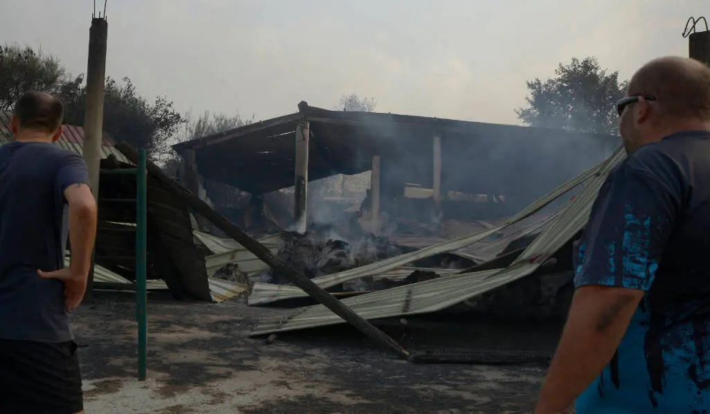 Roberto Fern&aacute;ndez y el ganadero David N&uacute;&ntilde;ez en localidad de Cova,  ante la granja quemada por el incendio durante la noche, en la que murieron abrasados dos terneros y dos perros mastines. Pobra de Trives (Ourense) 13/08/25. Foto Rosa Veiga
