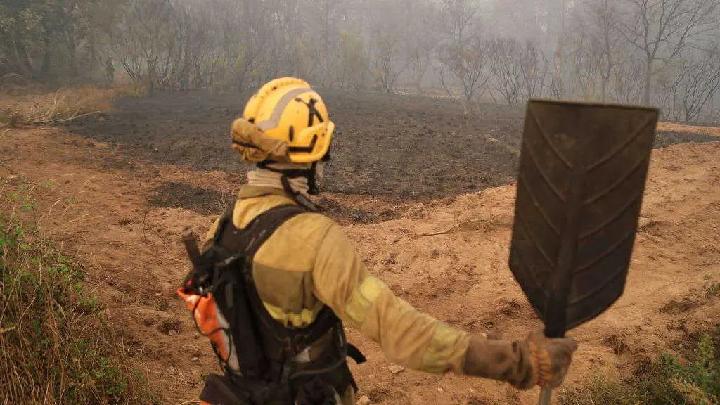Arquivo. Un bombeiro forestal participa nos labores de extinci&oacute;n do lume primixenio en Pant&oacute;n. (Foto: Carlos Castro / Europa Press)