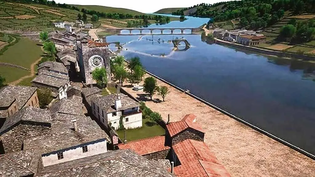 Recreaci&oacute;n en 3D do concello de Portomar&iacute;n nos anos 50. (Foto: CIA Galiza)