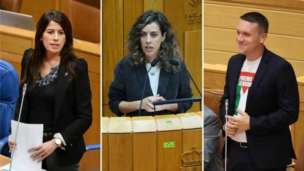 Mar&iacute;a Mart&iacute;nez Allegue, Alexandra Fern&aacute;ndez e Aitor Bouza, no Parlamento da Galiza. (Foto: N&oacute;s Diario)