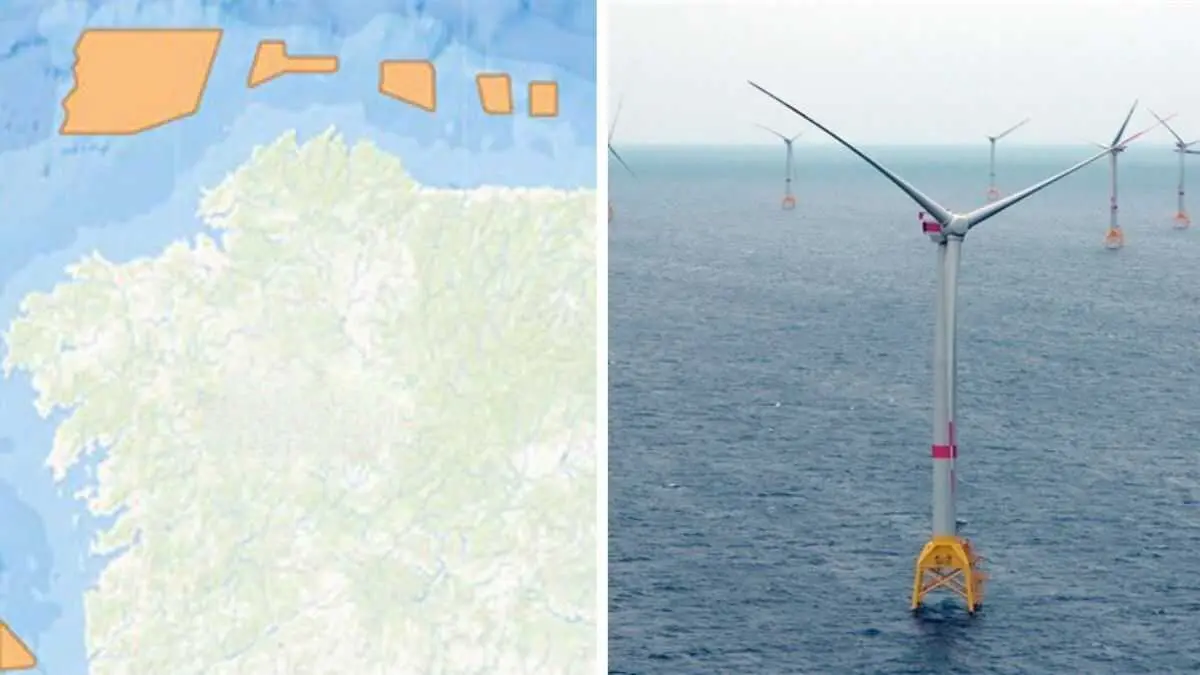 &Aacute; esquerda, demarcaci&oacute;n noratl&aacute;ntica para situar a e&oacute;lcia mari&ntilde;a. &Aacute; dereita, parque e&oacute;lico mari&ntilde;o de Wikinger e Iberdrola, no mar B&aacute;ltico. (Foto: N&oacute;s Diario / Iberdrola)