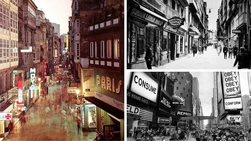 Os luminosos do pequeno comercio a mediados do S. XX. Os letreiros do pequeno comercio a comezo do S. XX. Fotograma do filme 'They live' e o poder dos comerciais. (Foto: Edit. Arribas - Arquivo hist&oacute;rico - Universal)