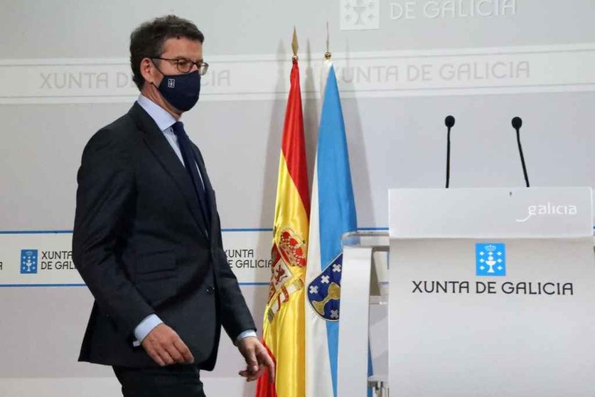 O presidente do Goberno galego, Alberto Núñez Feixoo, ante os medios ao remate do Consello da Xunta (Foto: Arxina)