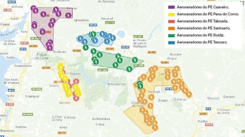 Proxección dos aeroxeradores que conformarían os seis parques eólicos ao carón das Fragas do Eume (Infografía: Nós Diario / Google Maps).