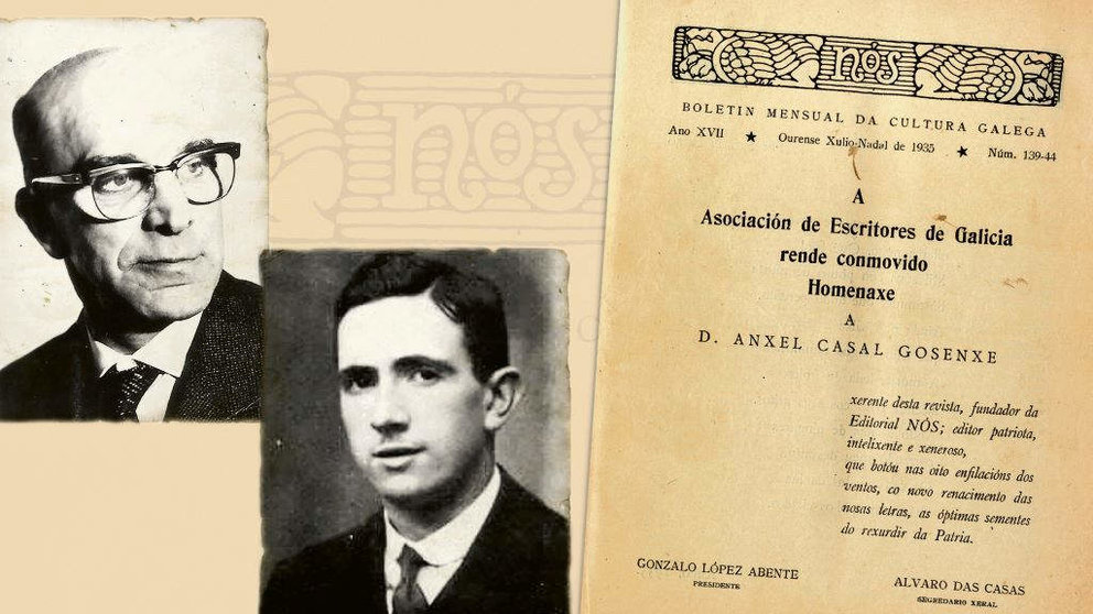 O depositario deste número Leuter González Salgado, o editor da revista Ánxel Casal, e a páxina 3 do volume 139-144 da revista Nós. (Foto: Nós Diario)