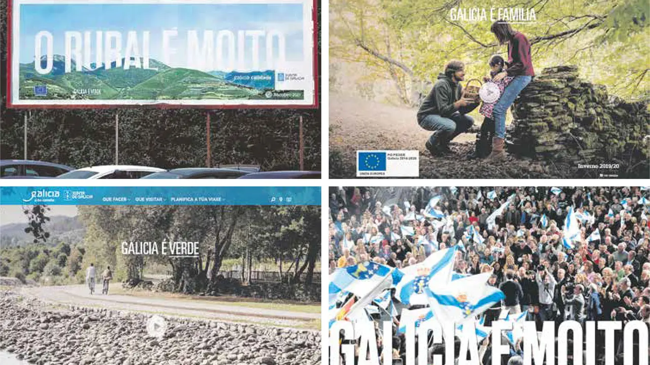 Valado no exterior e capturas da web da Xunta coa campa&ntilde;a institucional denunciada e, abaixo &aacute; dereita, cartel electoral do PP (N&oacute;s Diario).