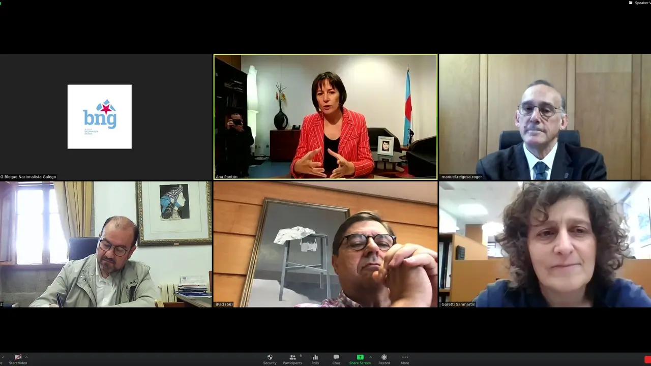 Captura da reuni&oacute;n virtual de Pont&oacute;n e Sanmart&iacute;n cos tres reitores (BNG).