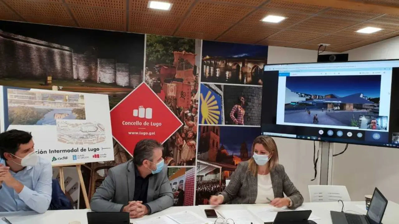 Reuni&oacute;n telem&aacute;tica entre a Xunta da Galiza, o Concello de Lugo, Adif e mais o Ministerio o 28 de setembro de 2020 (Imaxe: Concello de Lugo).