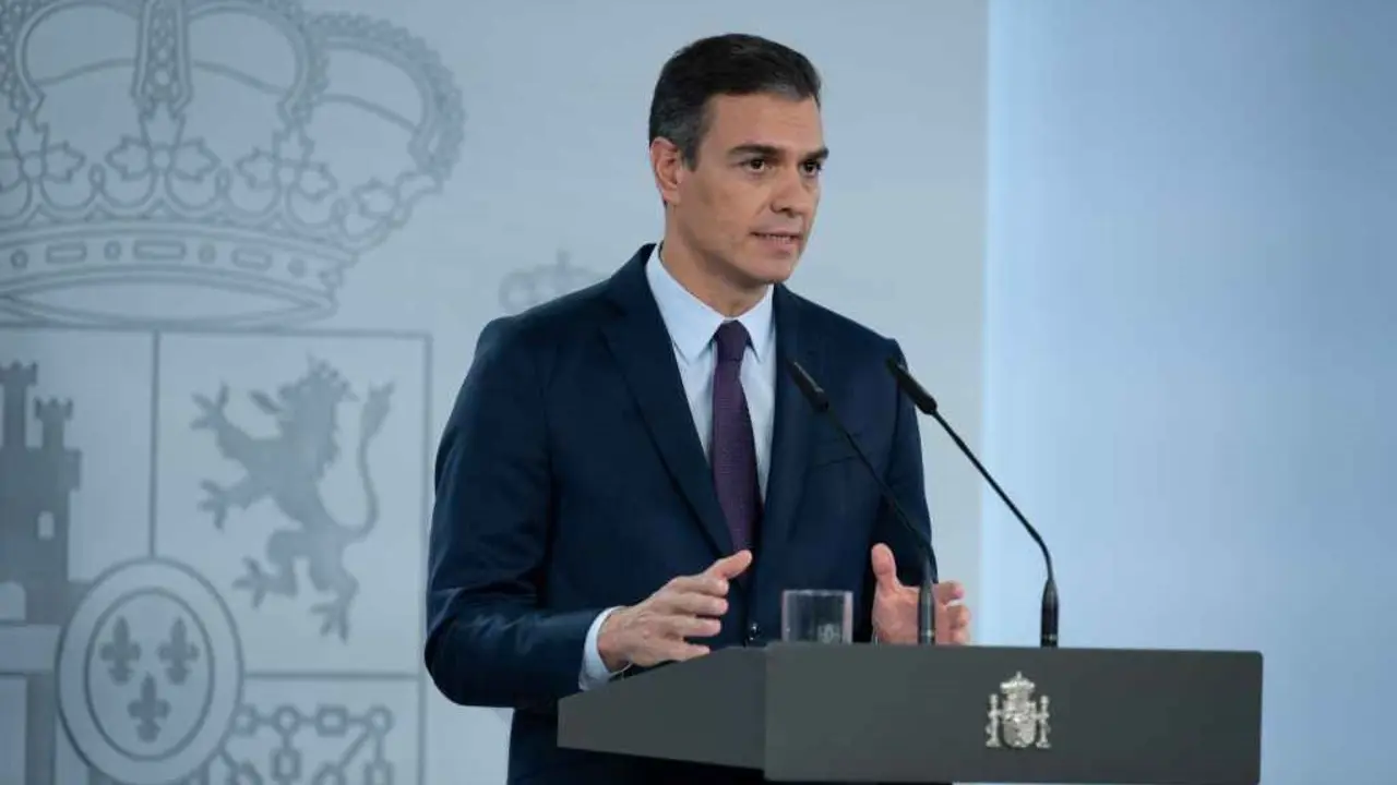 O presidente do Goberno espa&ntilde;ol, Pedro S&aacute;nchez, durante a s&uacute;a comparecencia (Foto: Moncloa).