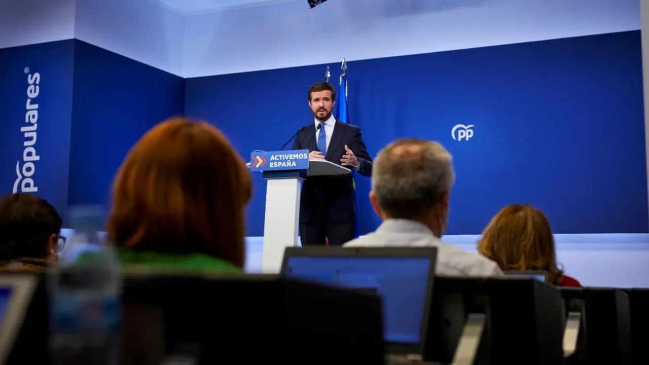 Comparecencia de Pablo Casado. (Foto: Jes&uacute;s Hell&iacute;n / Europa Press)