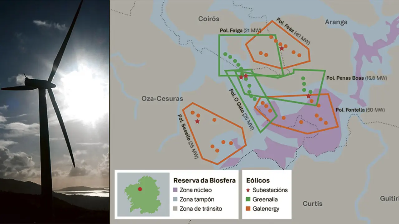 Mapa cos seis parques e&oacute;licos que proxectan Greenalia e Galenergy no Monte do Gato e as zonas da Reserva da Biosfera. (Foto: N&oacute;s Diario)