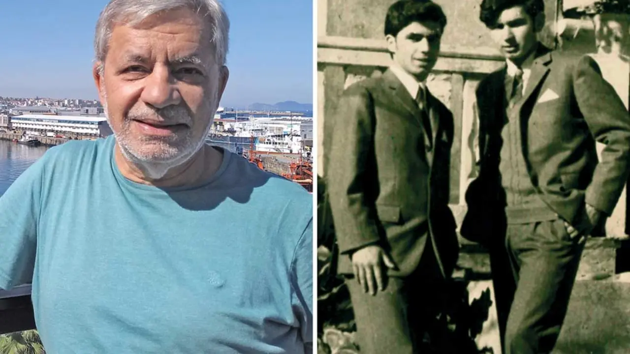 Manuel Reboiras, &aacute; esquerda, na actualidade. &Aacute; dereita, en 1970, xunto a Moncho Reboiras fronte a casa familiar no barrio de Teis, en Vigo (Fotos: Alberte Mera / Foto cedida por Manuel Reboiras)