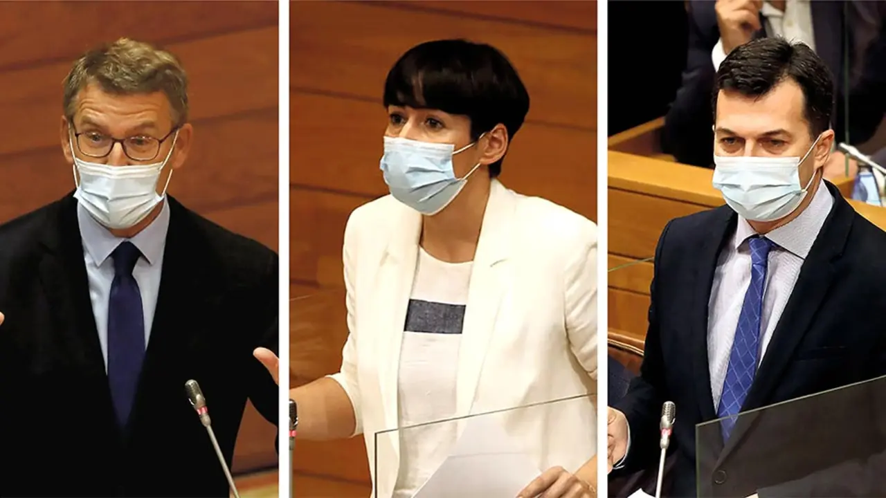 Alberto N&uacute;&ntilde;ez Feixoo, Ana Pont&oacute;n e Gonzalo Caballero na C&aacute;mara durante a sesi&oacute;n de control ao Goberno galego (Foto: Arxina)