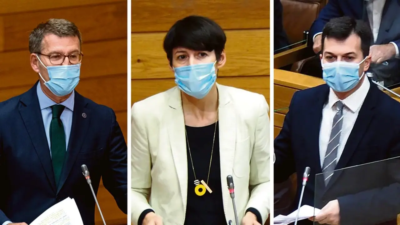 N&uacute;&ntilde;ez Feixoo, Ana Pont&oacute;n e Gonzalo Caballero, no Pazo do H&oacute;rreo (Foto: Parlamento da Galiza)