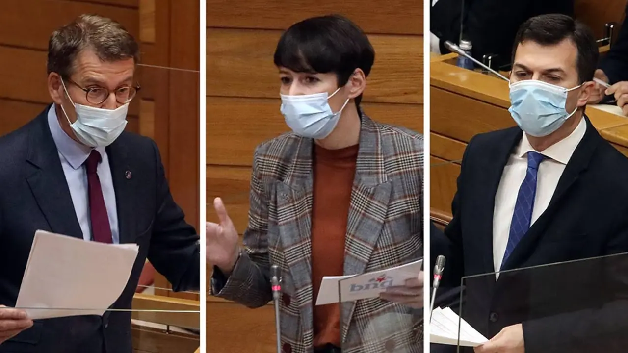 N&uacute;&ntilde;ez Feixoo, Ana Pont&oacute;n e Gonzalo Caballero, no Parlamento, na sesi&oacute;n de control ao Goberno galego.