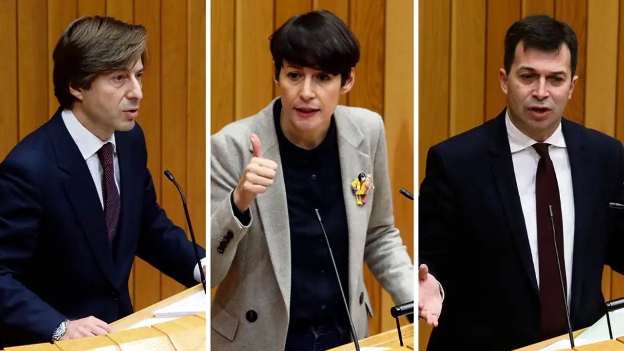 O conselleiro de Facenda, Miguel Corgos; a l&iacute;der do BNG, Ana Pont&oacute;n; e voceiro do PSdeG, Gonzalo Caballero, no pleno de Orzamentos (Fotos: Arxina)