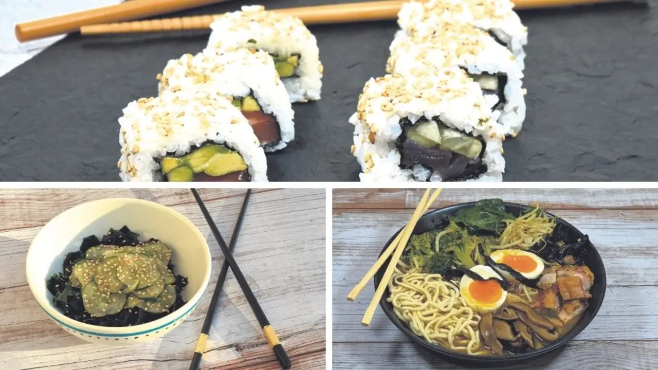 Arriba, uramakis de salm&oacute;n e aguacate e at&uacute;n e cogombro con sementes de s&eacute;samo; abaixo &aacute; esquerda, sunomomo de cogombro e alga wakame, e &aacute; dereita, ramen de polo con brotes de soia, br&oacute;coli, wakame, shitake e ovo. (Fotos: Anxo Fole)