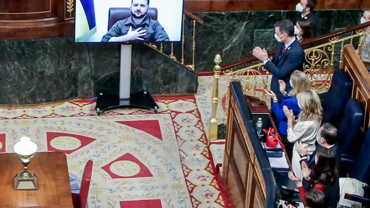 Intervenci&oacute;n de Volodimir Zelenski ante o Congreso espa&ntilde;ol. (Foto: Europa Press)