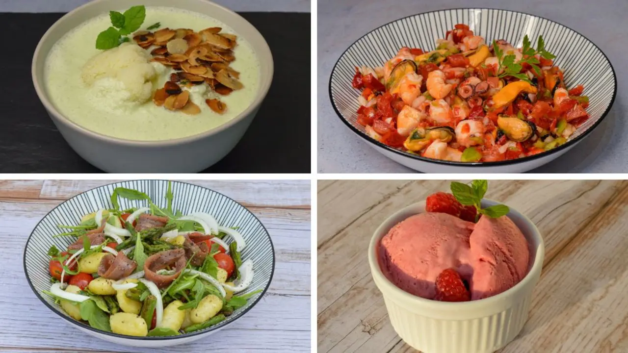 Crema fr&iacute;a, salpic&oacute;n, ensalada morna e xeado de framboesa. (Fotos: Anxo Fole)