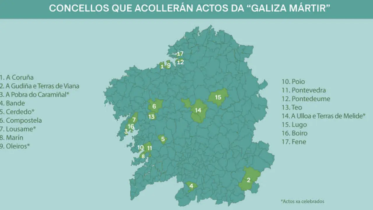 Mapa cos actos deste mes de agosto con motivo de lembrar a represi&oacute;n franquista (Infograf&iacute;a: N&oacute;s Diario).