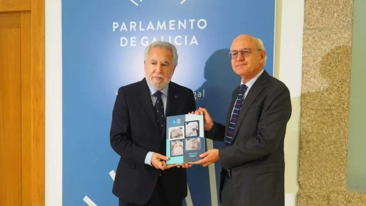 Miguel &Aacute;ngel Santalices e Fernando Suanzes, esta segunda feira, na C&aacute;mara galega. (Foto: Parlamento)