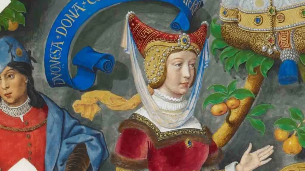 Constanza de Castela, duquesa consorte de Lancaster e ra&iacute;&ntilde;a da Galiza entre 1386-1387. / Genealogia dos Reis de Portugal. British Library