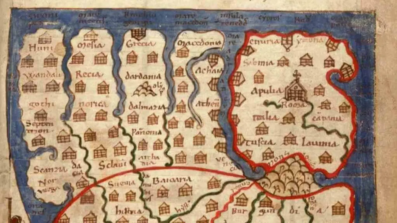 Mapa de Europa elaborado en 1125 polo c&oacute;engo normando Lambert de Saint-Omer, onde aparece &lsquo;Galicia&rsquo; sinalada como una realidade diferente a &lsquo;Hispania&rsquo; . / Universidade de Gante