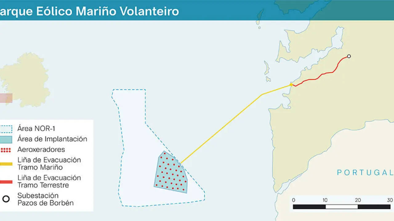 Localizaci&oacute;n e detalle do parque e&oacute;lico mari&ntilde;o Volanteiro (Foto: N&oacute;s Diario / Capital Energy).