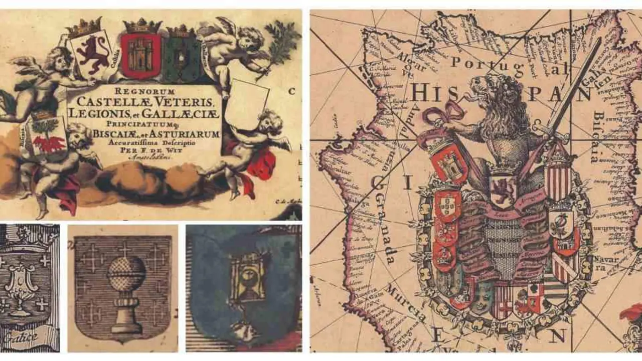 Representaci&oacute;ns do escudo galego en obras de Frederick de Wit, ag&aacute;s &aacute; inferior &aacute; esquerda que figura nas obras de Chatelain (Imaxe: colecci&oacute;n do autor)