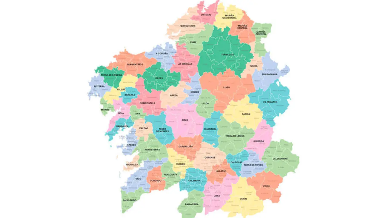 Mapa da Galiza por comarcas e concellos (Foto: N&oacute;s Diario).