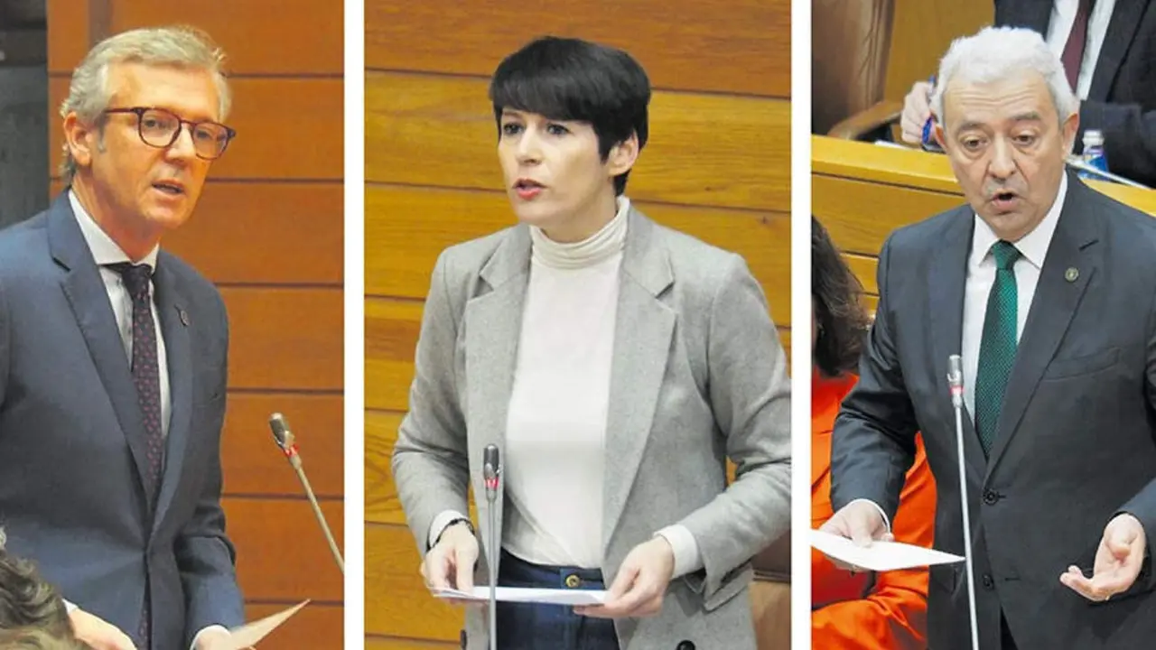 Alfonso Rueda, Ana Pont&oacute;n e Lu&iacute;s &Aacute;lvarez onte, durante a sesi&oacute;n de control ao presidente (Foto: Parlamento da Galiza / N&oacute;s Diario).