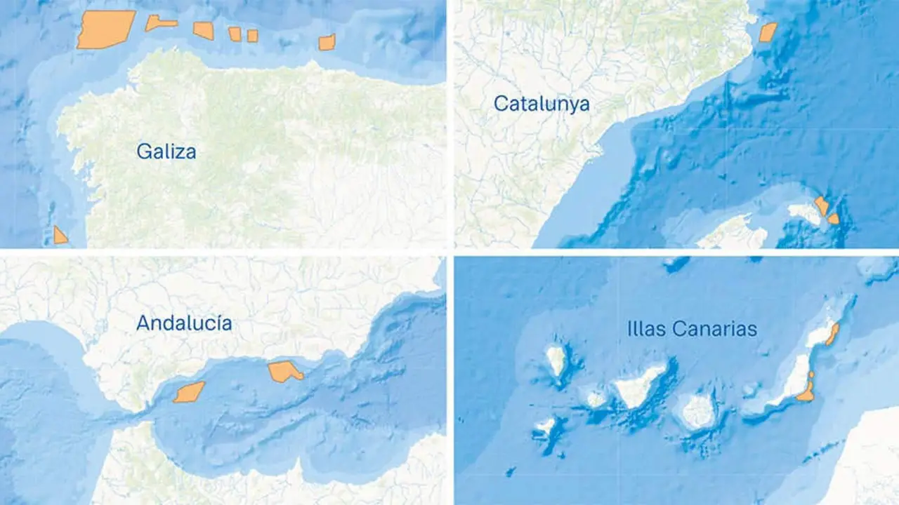 Arriba &aacute; esquerda, a demarcaci&oacute;n noratl&aacute;ntica para situar a e&oacute;lica mari&ntilde;a, e &aacute; dereita a demarcaci&oacute;n levantino-balear. Abaixo, a demarcaci&oacute;n do Estreito e Albor&aacute;n e &aacute; dereita, a demarcaci&oacute;n canaria (Foto: N&oacute;s Diario).