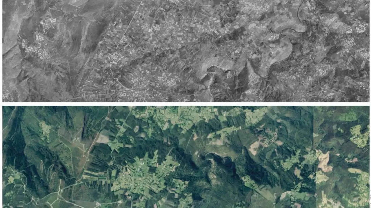Ortofotos das parroquias de Santa Mar&iacute;a de Maroxo e San Pedro de Vilantime, en Arz&uacute;a, con 30 anos de diferenza. (Foto: N&oacute;s Diario)
