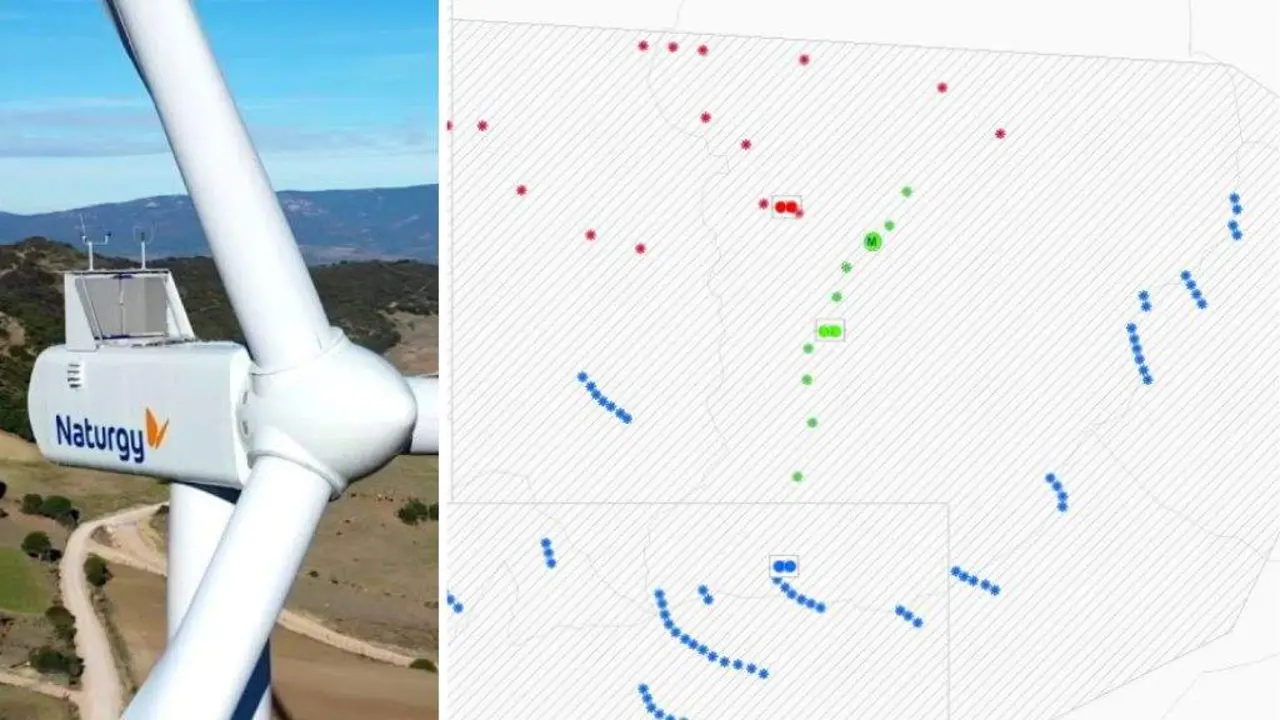 &Aacute; esquerda, un aeroxerador de Naturgy; &aacute; dereita, mapa do Rexistro E&oacute;lico da Galiza cos parques xa operativos e proxectados na zona canda o Piago &mdash;en verde&mdash;.