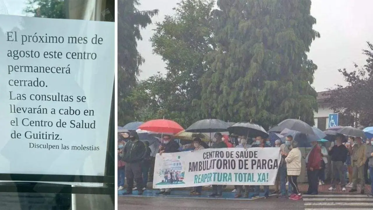 &Aacute; esquerda, cartaz pendurado hoxe no centro de sa&uacute;de de Parga; &aacute; dereita, manifestaci&oacute;n o pasado ano na defensa da atenci&oacute;n primaria na localidade.