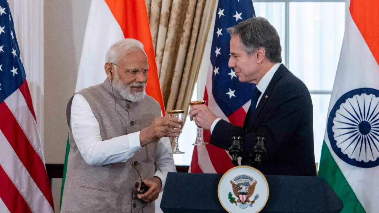 O primeiro ministro da India, Narendra Modi, e o secretario de estado dos Estados Unidos, Antony Blinken, o pasado 23 de xu&ntilde;o. (Foto: Europa Press   / Contacto / Rod Lamkey)