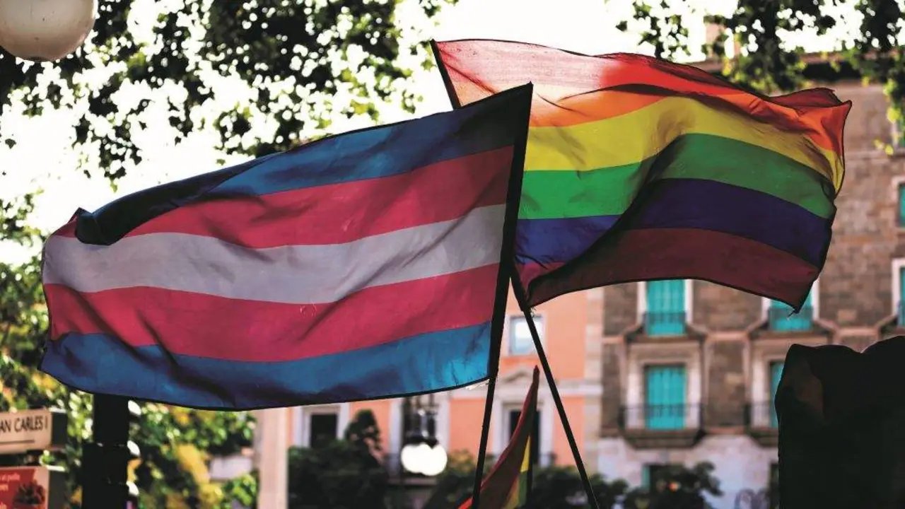 D&uacute;as bandeiras do colectivo LGBTIQ+ durante unha manifestaci&oacute;n do Orgullo. (Foto: Tom&agrave;s Moy&agrave; / Europa Press)