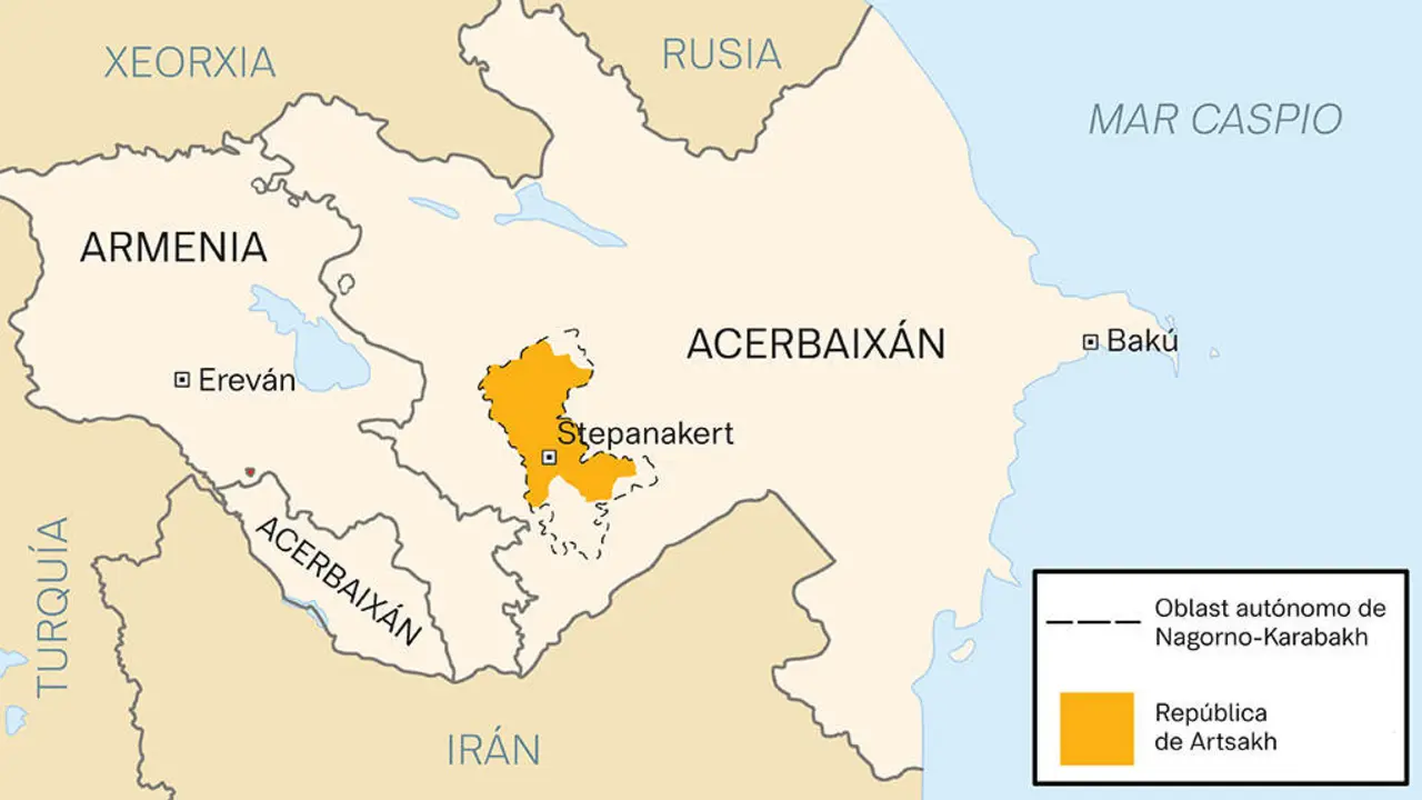 Situaci&oacute;n da Rep&uacute;blica de Artsakh, situada na rexi&oacute;n do C&aacute;ucaso Sur (Mapa: N&oacute;s Diario).