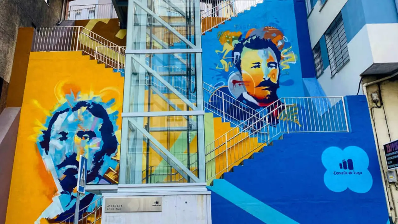 Mural de Pascual Veiga 
e Eduardo Pondal en Lugo realizado polos artistas Yoe 33 
e Marcos Pereira, do grupo Concepto Circo (Foto: Concello de Lugo).