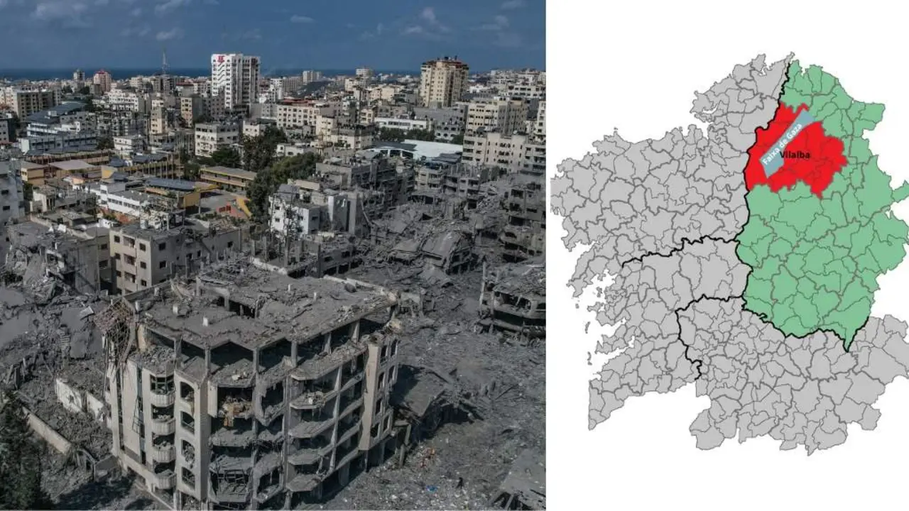 &Aacute; esquerda, unha vista a&eacute;rea de Gaza ap&oacute;s os bombardeos dos &uacute;ltimos d&iacute;as; &aacute; dereita, un mapa no que se sobrep&oacute;n a extensi&oacute;n deste territorio palestino sobre o concello de Vilalba. (Foto: Mohammed Talatene / DPA via Europa Press)