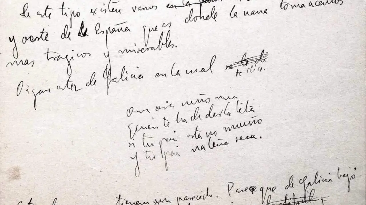 Manuscrito da conferencia de Lorca cos versos en galego do arrolo.