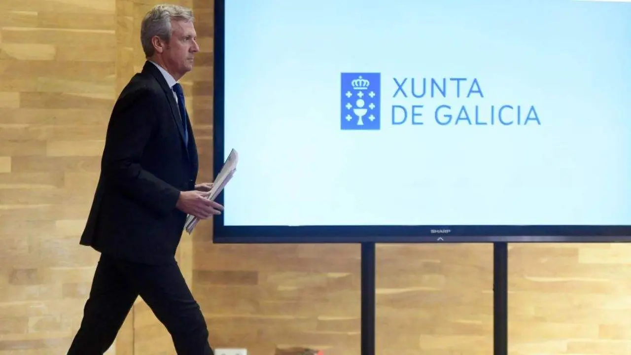 Alfonso Rueda, en rolda de prensa ap&oacute;s unha recente reuni&oacute;n do Consello da Xunta. (Foto: Arxina)