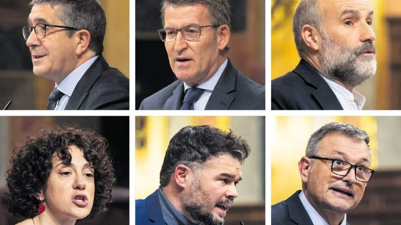 Patxi L&oacute;pez (PSOE), Alberto N&uacute;&ntilde;ez Feixoo (PP), N&eacute;stor Rego (BNG), Aina Vidal (Sumar), Gabriel Rufi&aacute;n (ERC) e Cervera (Junts), esta terza feira, no Congreso. (Fotos: Eduardo Parra e Carlos Luj&aacute;n / Europa Press)