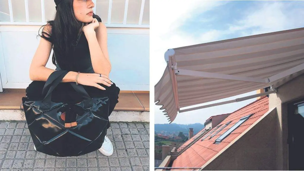 &Aacute; esquerda, un dos bolsos da marca Moheva. &Aacute; dereita un toldo instalado pola empresa Toldos G&oacute;mez (Foto: Toldos G&oacute;mez).